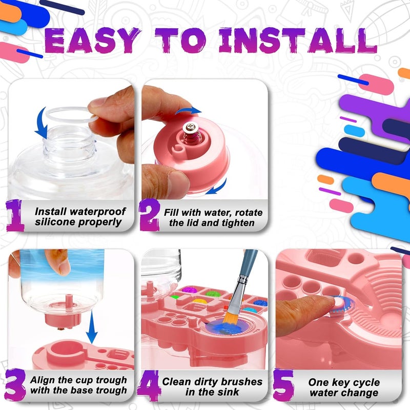 ACGASK 3-in-1 Paint Brush Cleaner Cup – Water Recycling Rinser with Holder & Palette | Multifunctional Acrylic Paint Water Cup for Kids & Artists | Art Supplies for Painting Station，Pink - Image 4